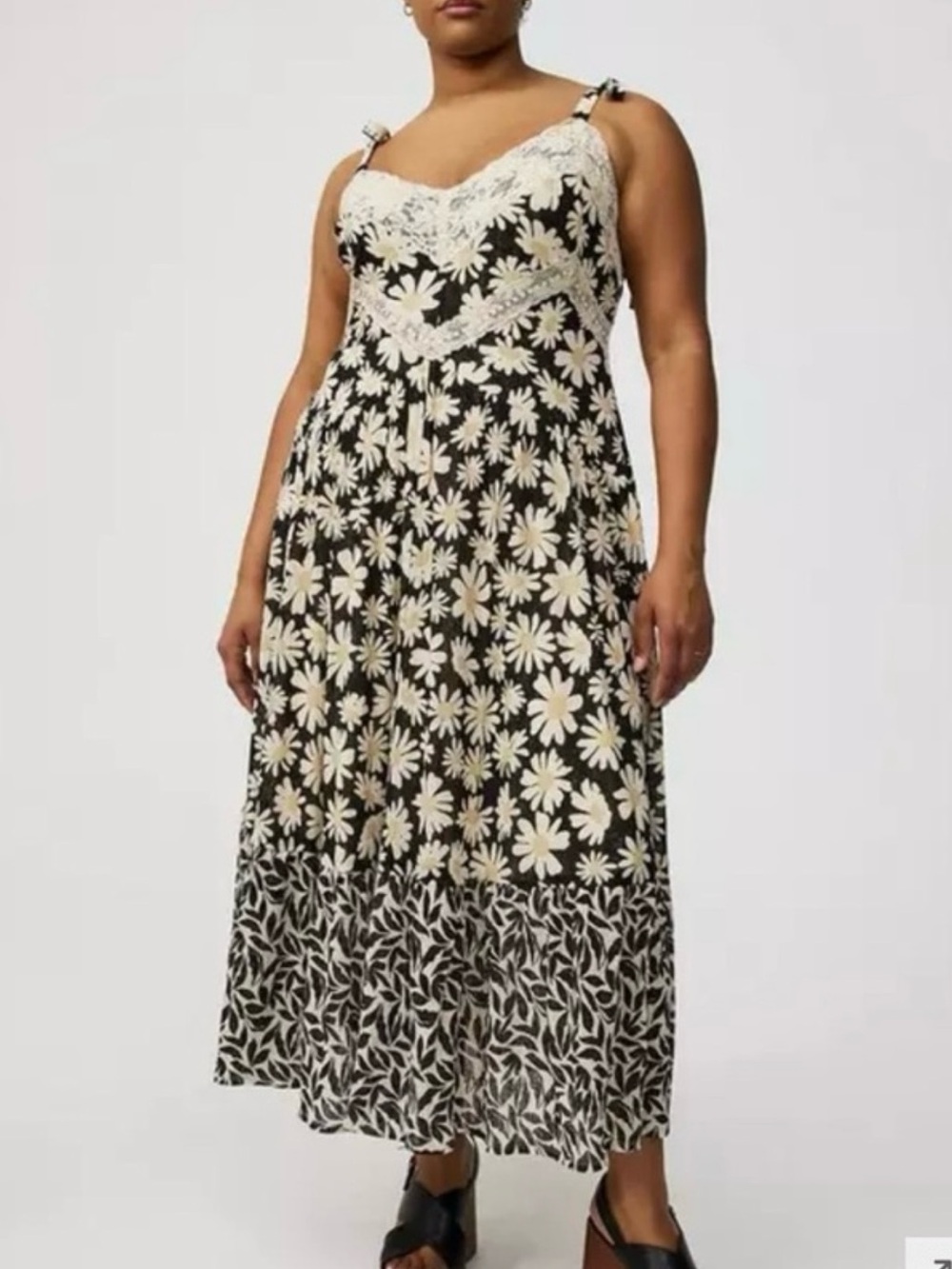 torrid Black Maxi Dress with Cream Floral Print and Lace Trim